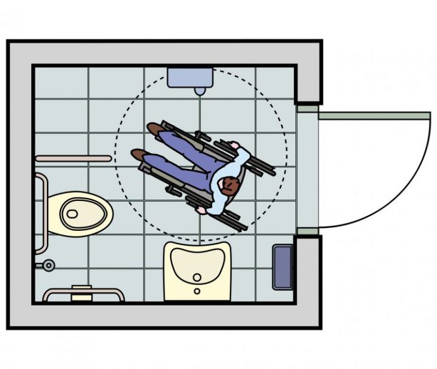 Grundriss eines barrierefreien Bades mit einer Person im Rollstuhl