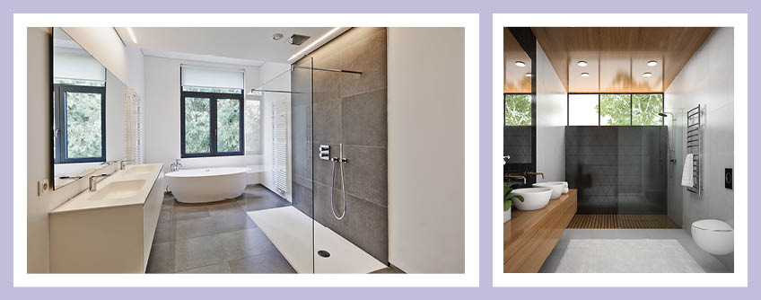 Badplanung im Neubau zusammen mit einem Architekten. Die Bilder zeigen zwei Bäder, jeweils mit bodengleicher Dusche